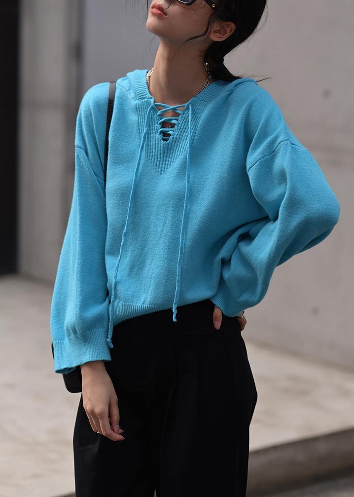Aesthetic Blue Sweater Blouse Hooded Drawstring Knitwear
