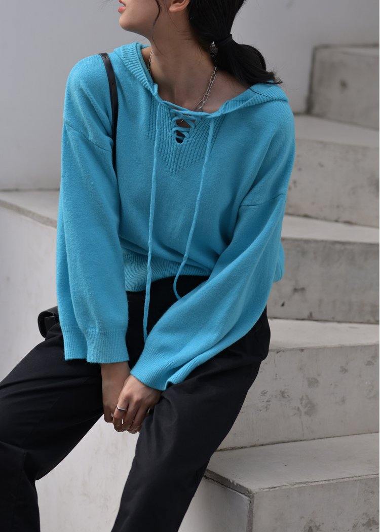 Aesthetic Blue Sweater Blouse Hooded Drawstring Knitwear