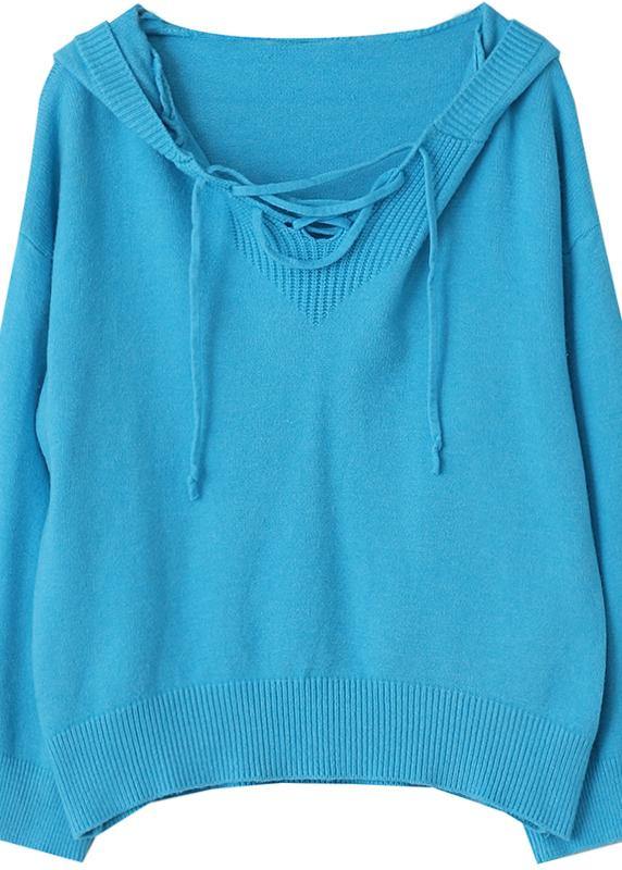 Aesthetic Blue Sweater Blouse Hooded Drawstring Knitwear