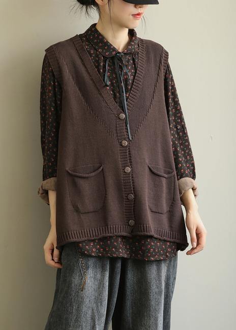 Aesthetic Chocolate V Neck Sleeveless Knit Outwear