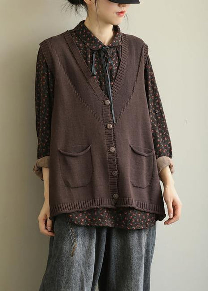 Aesthetic Chocolate V Neck Sleeveless Knit Outwear