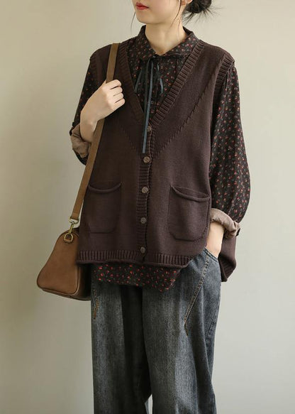Aesthetic Chocolate V Neck Sleeveless Knit Outwear