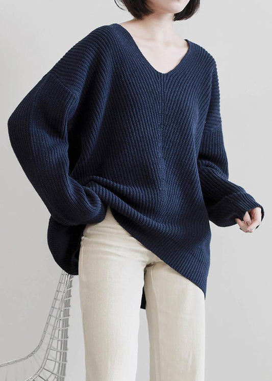 Aesthetic Dark Blue Sweater Tops V Neck Batwing Sleeve Knit Tops