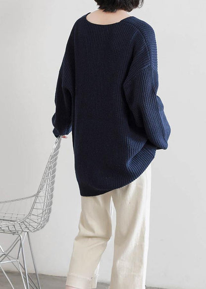 Aesthetic Dark Blue Sweater Tops V Neck Batwing Sleeve Knit Tops
