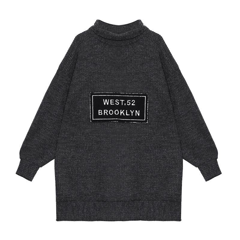 Aesthetic Dark Gray Knit Blouse High Neck Letter Winter Sweaters
