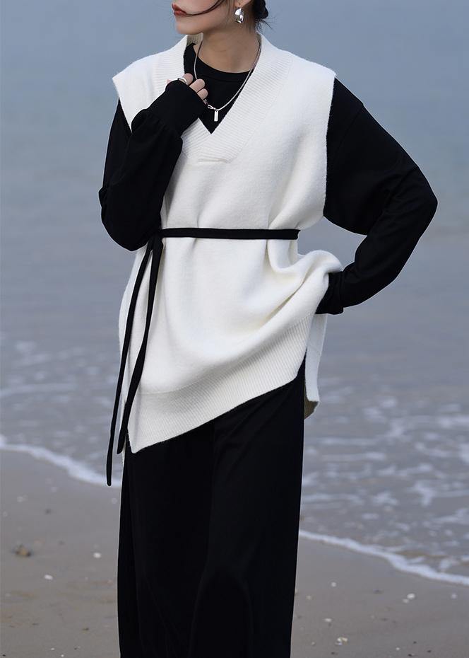 Aesthetic Fall White Knit Sweat Tops Oversized V Neck Low High Design Tops