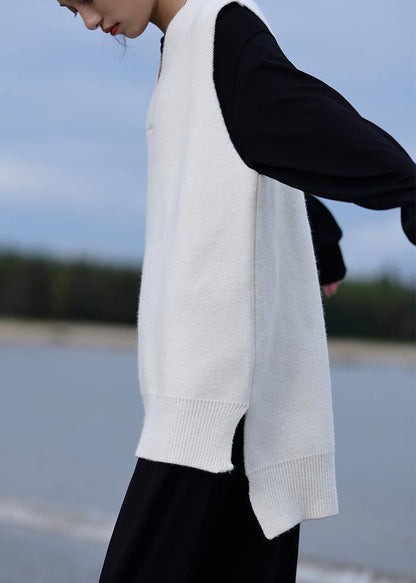 Aesthetic Fall White Knit Sweat Tops Oversized V Neck Low High Design Tops
