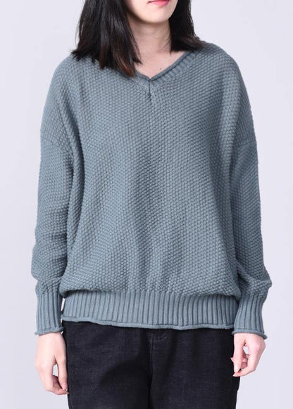Aesthetic Gray Blue Knit Pullover Oversized V Neck Sweaters Autumn