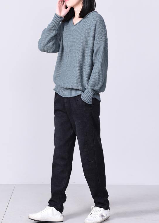 Aesthetic Gray Blue Knit Pullover Oversized V Neck Sweaters Autumn
