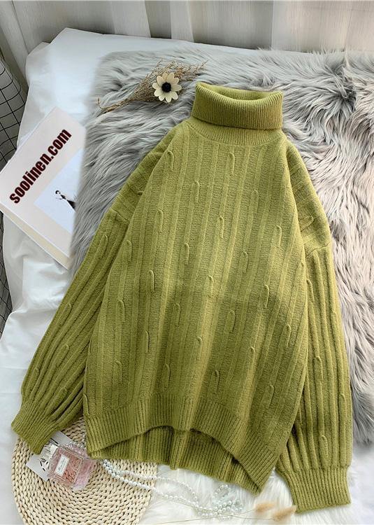 Aesthetic Green Blouse Cable High Neck Knitwear