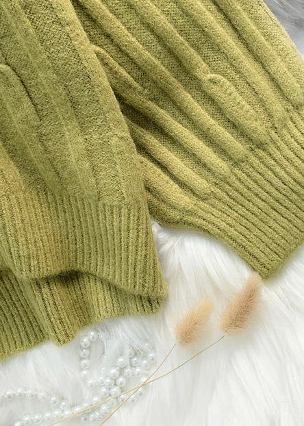 Aesthetic Green Blouse Cable High Neck Knitwear