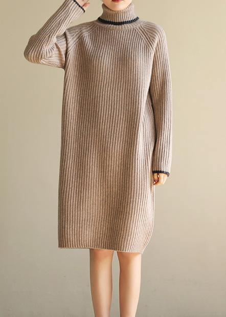 Aesthetic Khaki Sweater Dress Outfit Wild Tunic High Lapel Collar Knit Dress