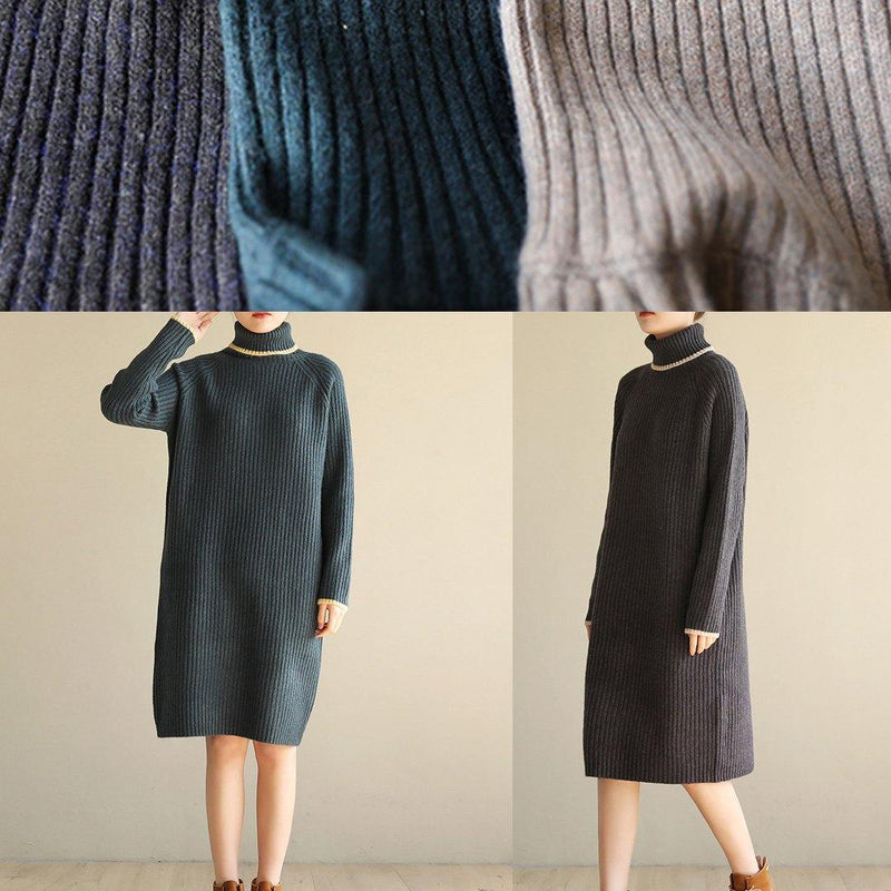 Aesthetic Khaki Sweater Dress Outfit Wild Tunic High Lapel Collar Knit Dress