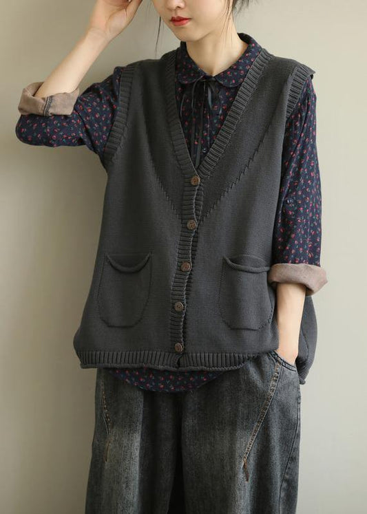 Aesthetic Knitwear Dark Gray V Neck Sleeveless Knitted Jackets