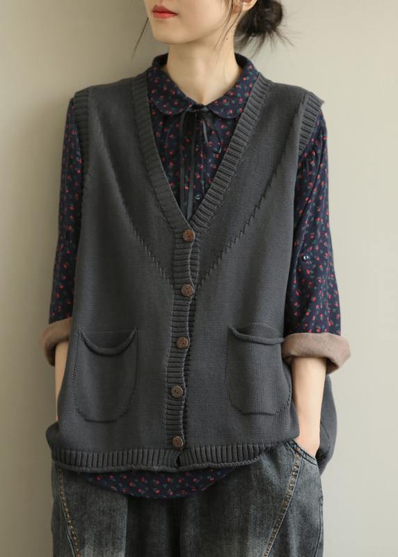 Aesthetic Knitwear Dark Gray V Neck Sleeveless Knitted Jackets