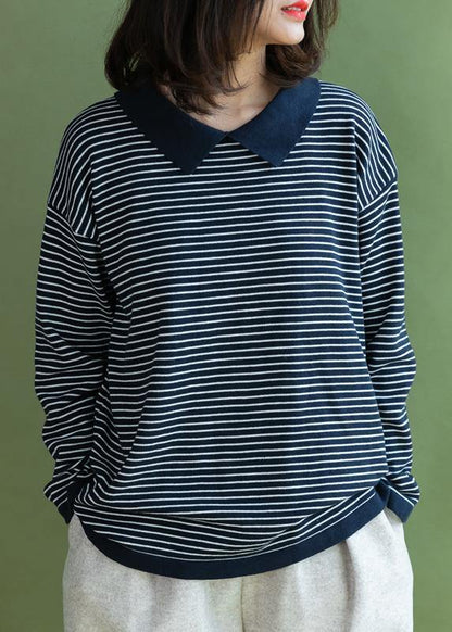 Aesthetic Navy Striped Knitted T Shirt Lapel Collar Loose Fitting Knitted Blouse