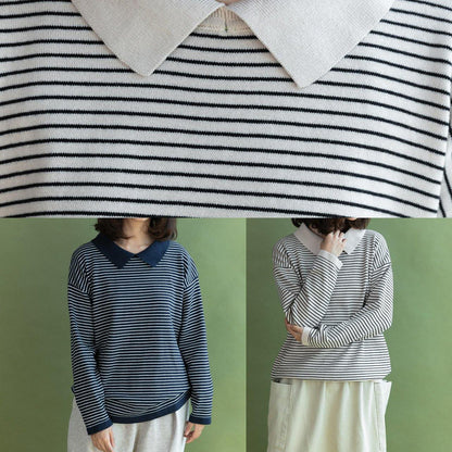 Aesthetic Navy Striped Knitted T Shirt Lapel Collar Loose Fitting Knitted Blouse