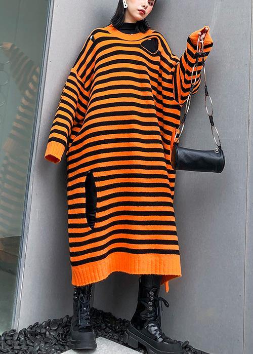 Aesthetic O Neck Hole Sweater Fall Dress Diy Orange Striped Daily Knitted Dress
