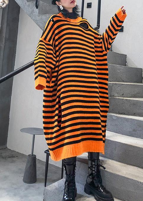 Aesthetic O Neck Hole Sweater Fall Dress Diy Orange Striped Daily Knitted Dress