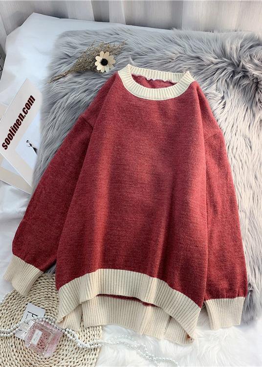 Aesthetic O Neck Patchwork Knitted Blouse Oversized Low High Design Sweater Blouse