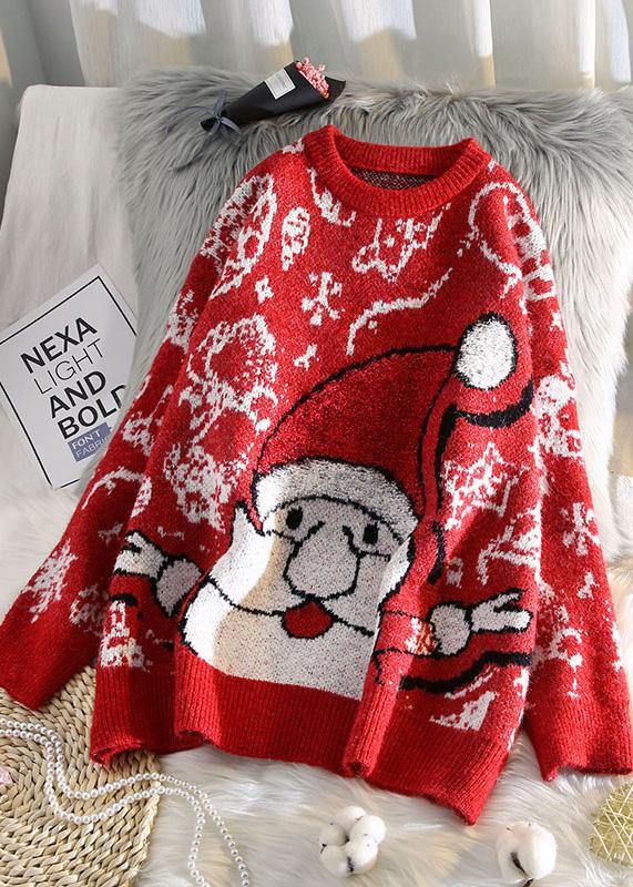 Aesthetic O Neck Red Knit Tops Oversize Santa Claus Top