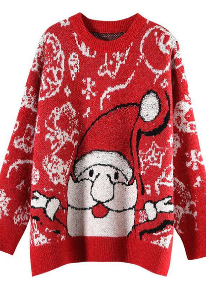 Aesthetic O Neck Red Knit Tops Oversize Santa Claus Top
