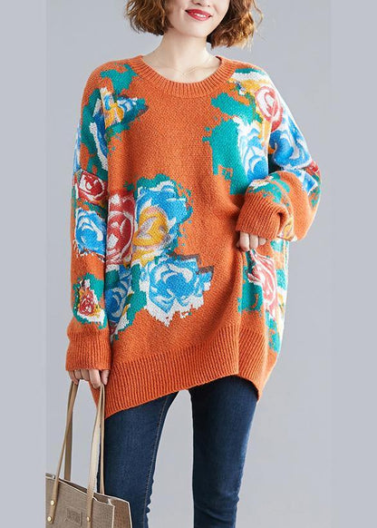 Aesthetic Orange Print Knit Tops O Neck Knitwear