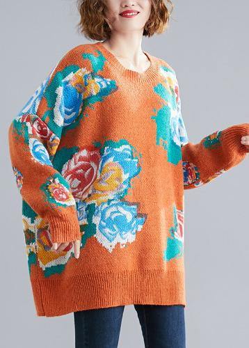 Aesthetic Orange Print Knit Tops O Neck Knitwear
