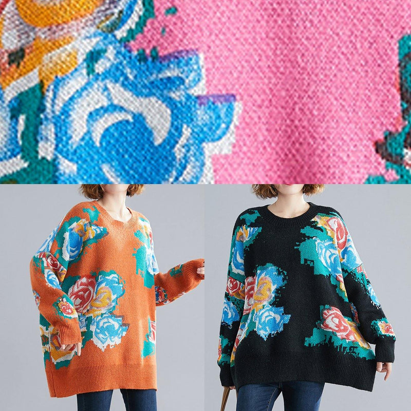 Aesthetic Orange Print Knit Tops O Neck Knitwear
