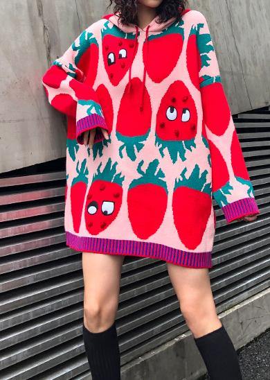Aesthetic Pink Print Knit Blouse Loose Fitting Knit Hooded Drawstring Tops