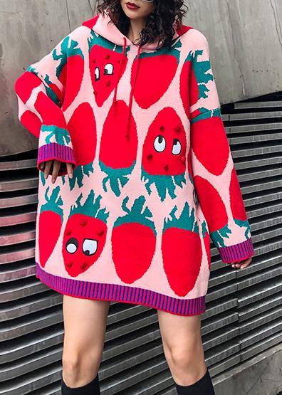 Aesthetic Pink Print Knit Blouse Loose Fitting Knit Hooded Drawstring Tops