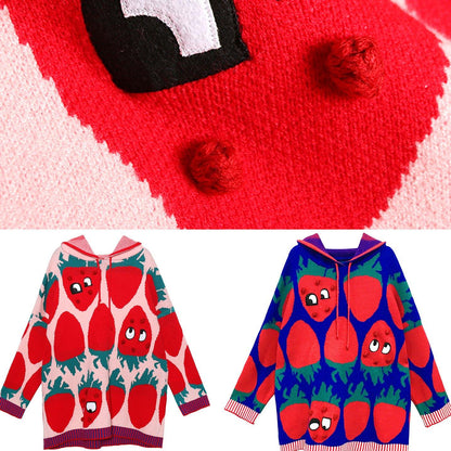 Aesthetic Pink Print Knit Blouse Loose Fitting Knit Hooded Drawstring Tops