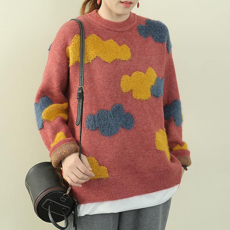 Aesthetic Red Cloud Knit Sweaters O Neck False Two Pieces Knit Blouse