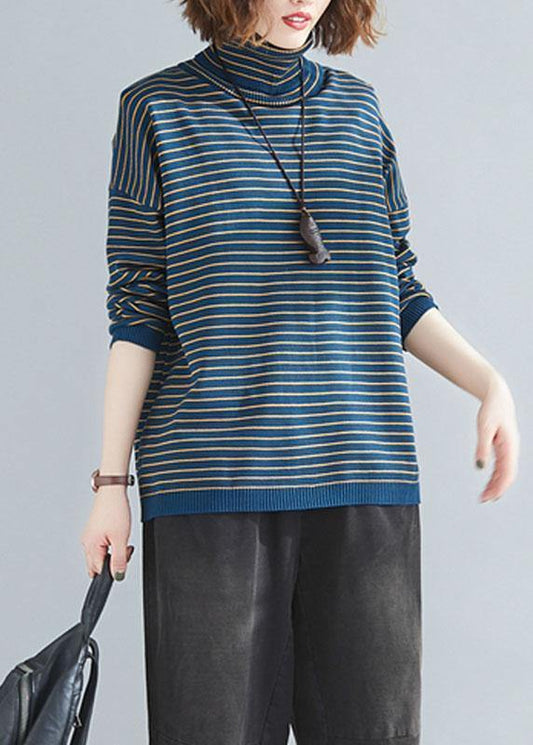 Aesthetic Spring Blue Striped Knit Tops Clothing High Neck Clothes for