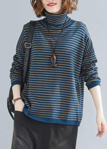 Aesthetic Spring Blue Striped Knit Tops Clothing High Neck Clothes for