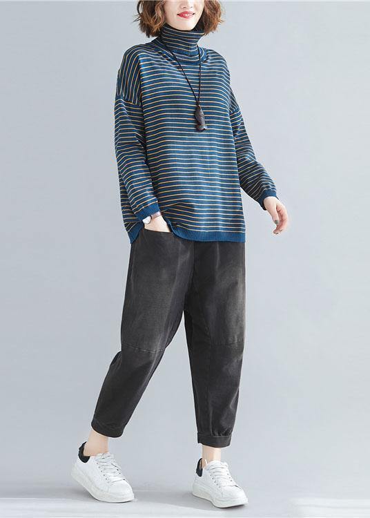 Aesthetic Spring Blue Striped Knit Tops Clothing High Neck Clothes for
