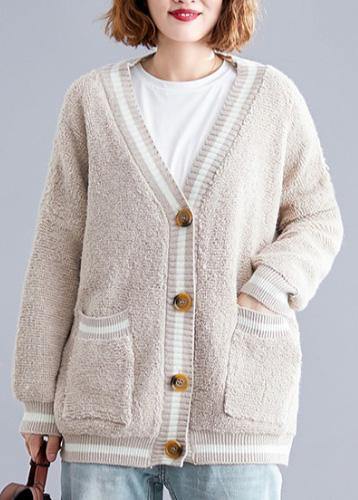 Aesthetic V Neck Beige Knit Outwear Oversized Fall