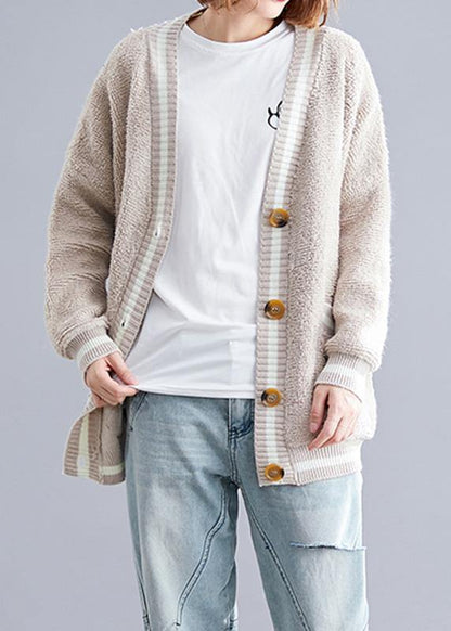 Aesthetic V Neck Beige Knit Outwear Oversized Fall