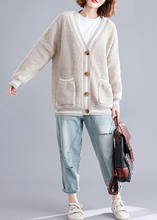 Aesthetic V Neck Beige Knit Outwear Oversized Fall