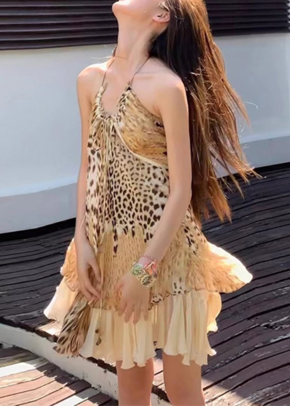 American Leopard Print Backless Suspender Dress Summer