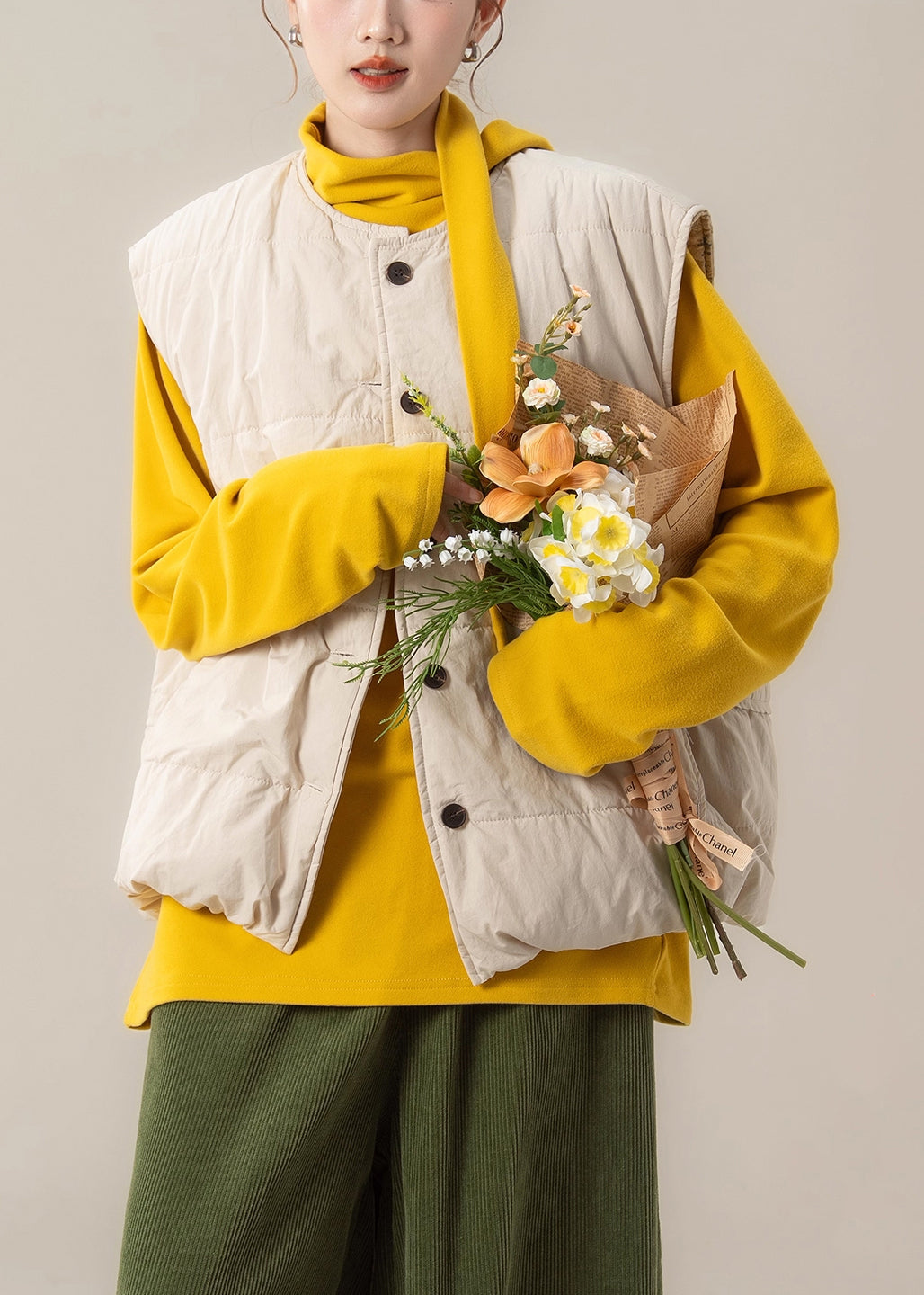 Apricot Button Cotton Filled Waistcoat and Yellow T Shirt Two Pieces Set O Neck
