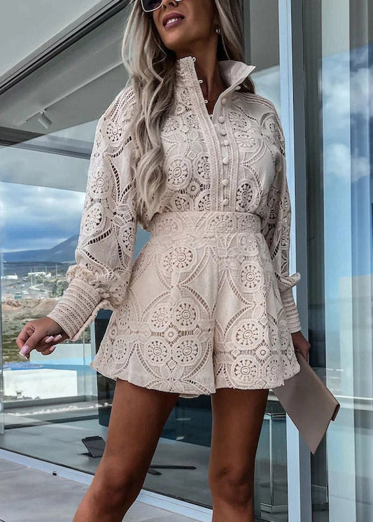 Apricot Button Lace Shirts and Shorts Two Piece Set Spring