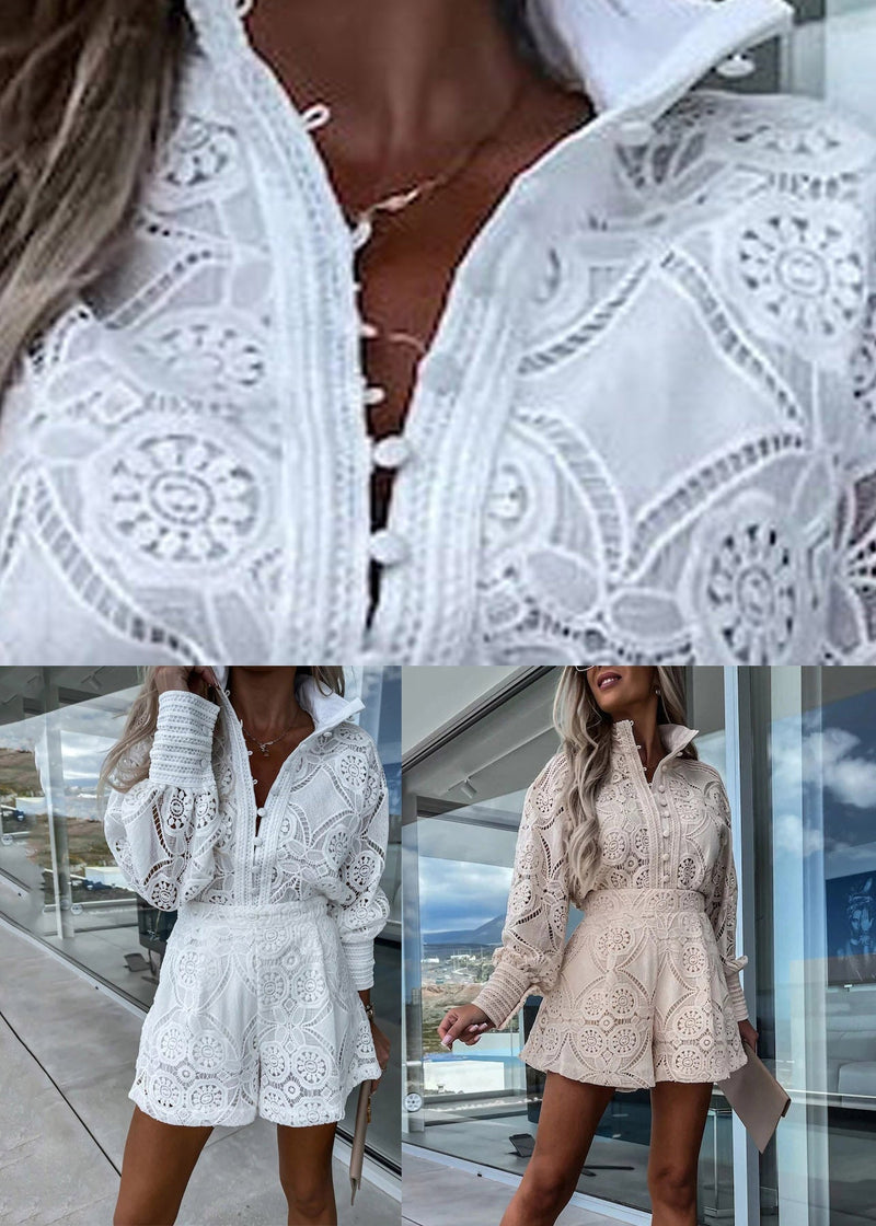 Apricot Button Lace Shirts and Shorts Two Piece Set Spring