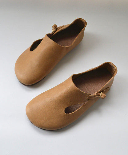 Apricot Cowhide Leather Splicing Flat Shoes for