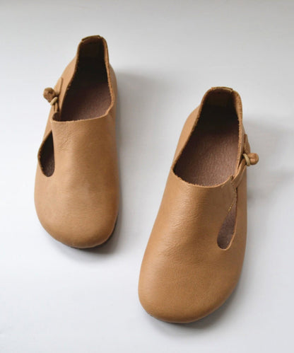 Apricot Cowhide Leather Splicing Flat Shoes for