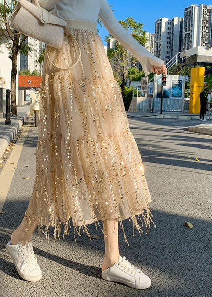 Apricot Elastic Waist Sequins Tulle a Line Skirts Spring
