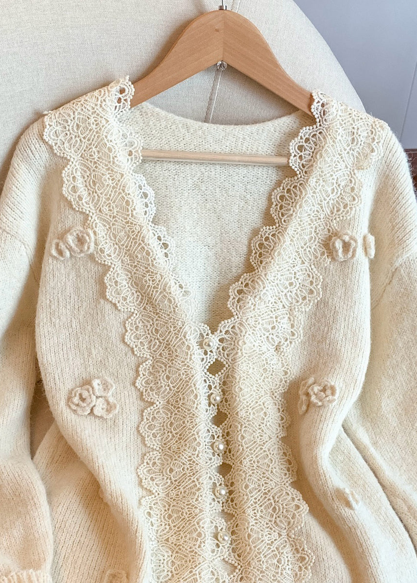 Apricot Button Patchwork Knit Winter Coat V Neck