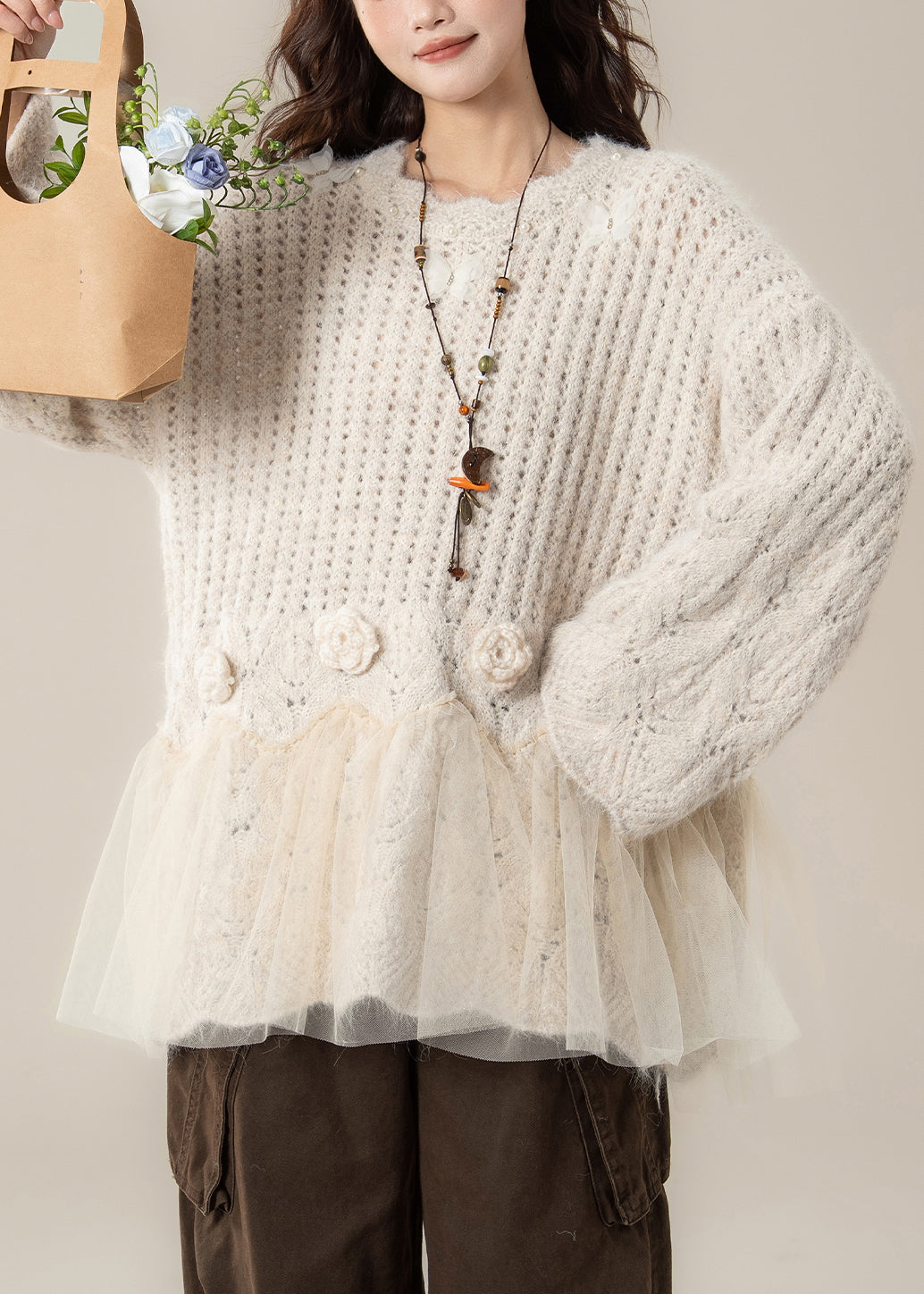 Apricot Pearl Tulle Patchwork Knit Sweaters Hollow Out