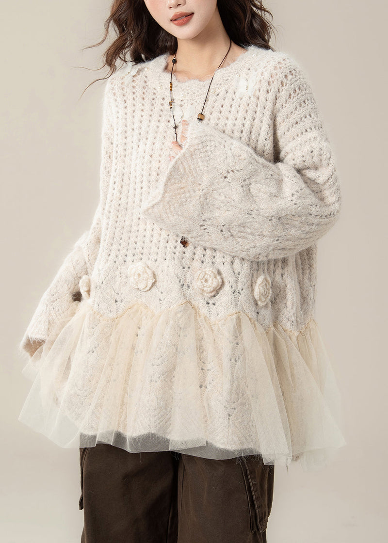 Apricot Pearl Tulle Patchwork Knit Sweaters Hollow Out