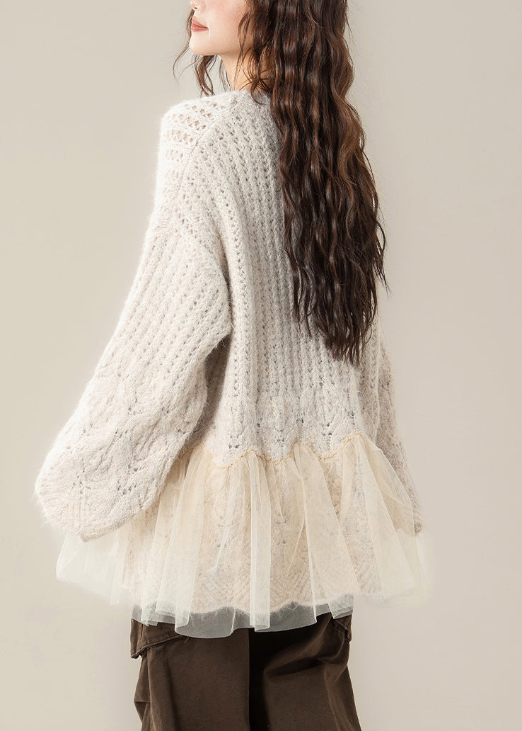 Apricot Pearl Tulle Patchwork Knit Sweaters Hollow Out